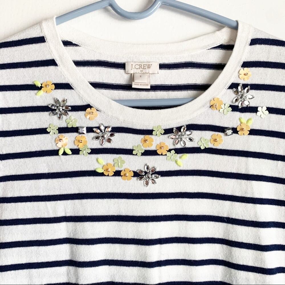 J. Crew Factory Embellished Lightweight T-Shirt Sweater Striped Floral Accent S - Picture 2 of 11